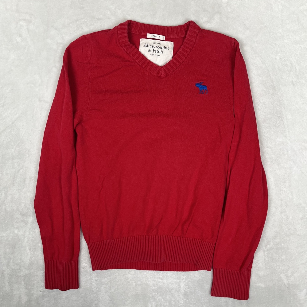 VTG Abercrombie & Fitch Sweater Mens Medium Red V Neck Knit Pullover Moose Logo